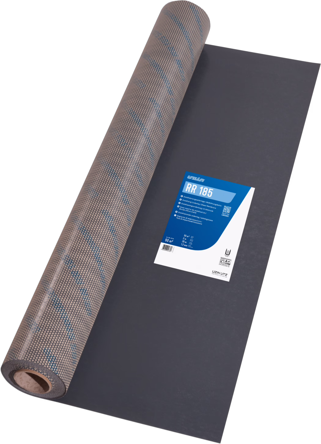 UZIN_Dummy_RR 185_2024-06 Aufgerollte Dachunterlage teilweise ausgerollt auf einer flachen Oberfläche, mit einer strukturierten braunen Oberseite und dezenten blauen Diagonallinien sowie einer dunkelgrauen Unterseite; ein blau-weißes Produktetikett trägt die Aufschrift 'RR 185' und technische Angaben.